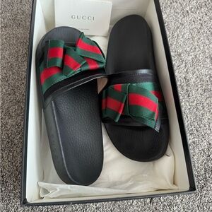 Authentic Used Gucci Satin Slide With Web Bow Size 38